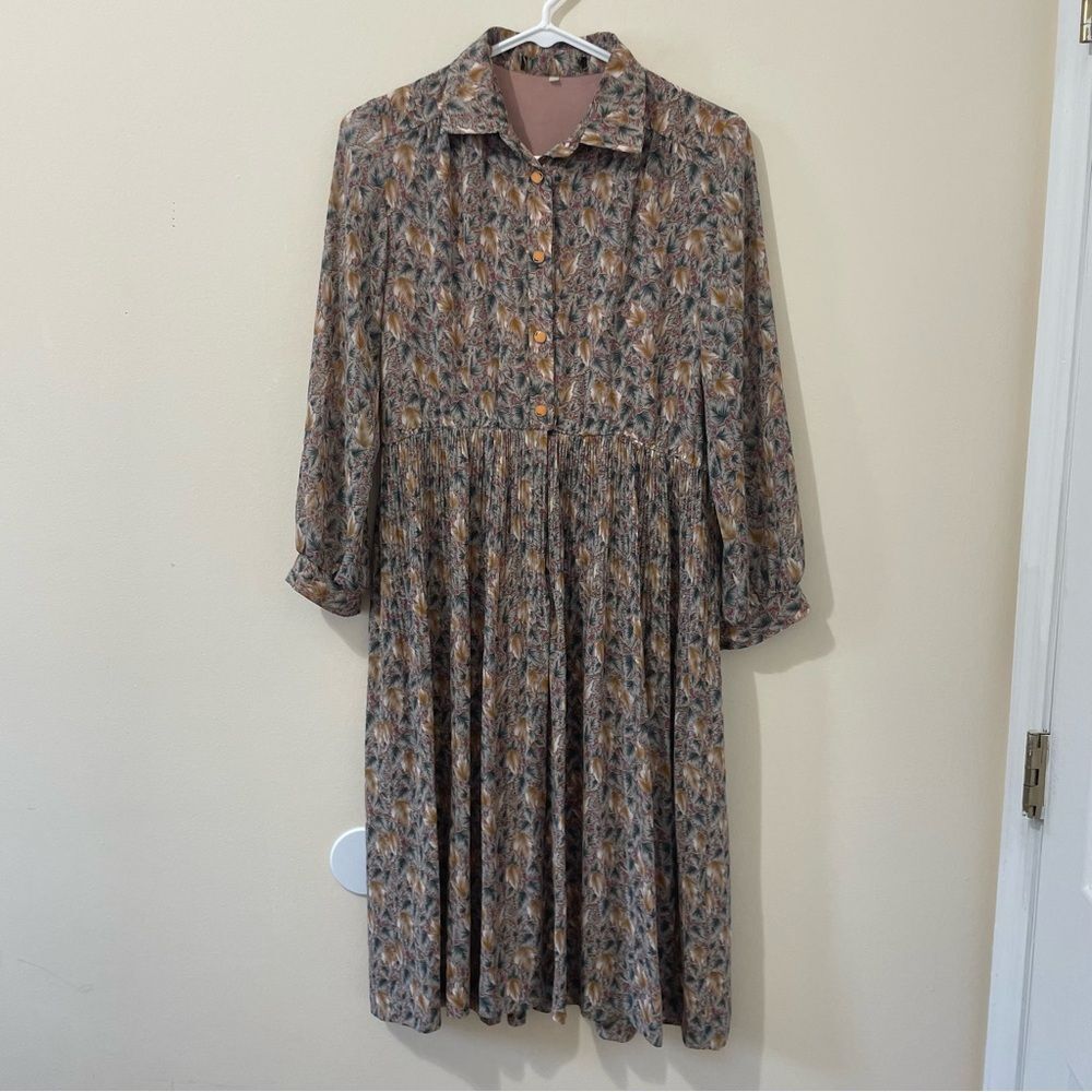 Modest Brown Leaf Prairie Peasant Midi Dress Pleated Button Up Collared Size M